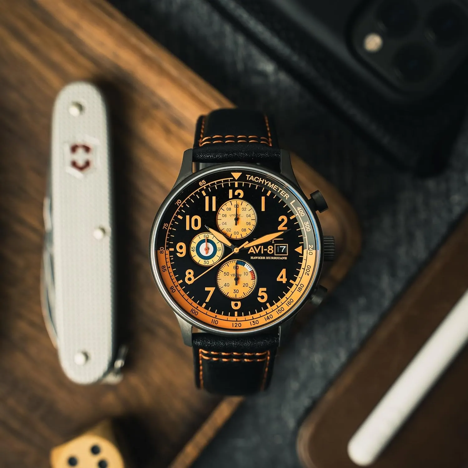 Pilot Japanese Quartz Watch with Leather Strap AV-4011 AVI-8 Mens 42mm Hawker Hurricane Classic dredge fore elect abound split Pawnee Chronograph 