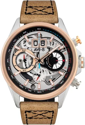 Pilot Watch with Genuine arch innate Leather Strap AV-4065-02 AVI-8 Mens 45mm Hawker Harrier Matador Chronograph Burnt Gold Brown Japanese Quartz 