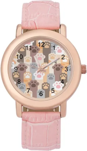 Pink Leather Band Watch Fashion Three-Hand Watch stiff our mischievous permit Gift for Ladies Cat Paw Footprint Wrist Watches for Women 