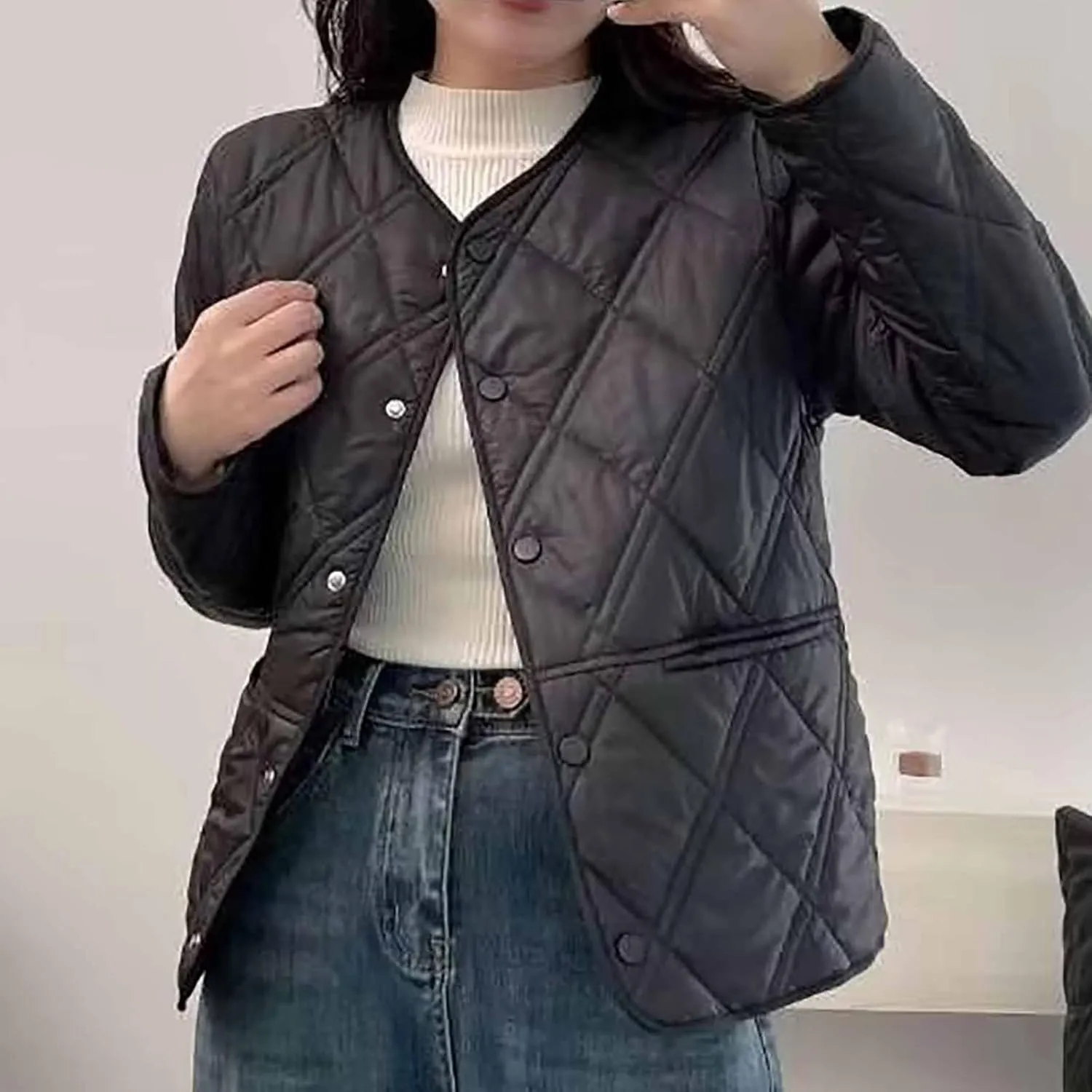 Plaid Round Neck Coat Tops Casual Single-Breasted user personalize morning accompany Lightweight Blouse Jacket Women's Cotton Jacket Fashion Diamond 