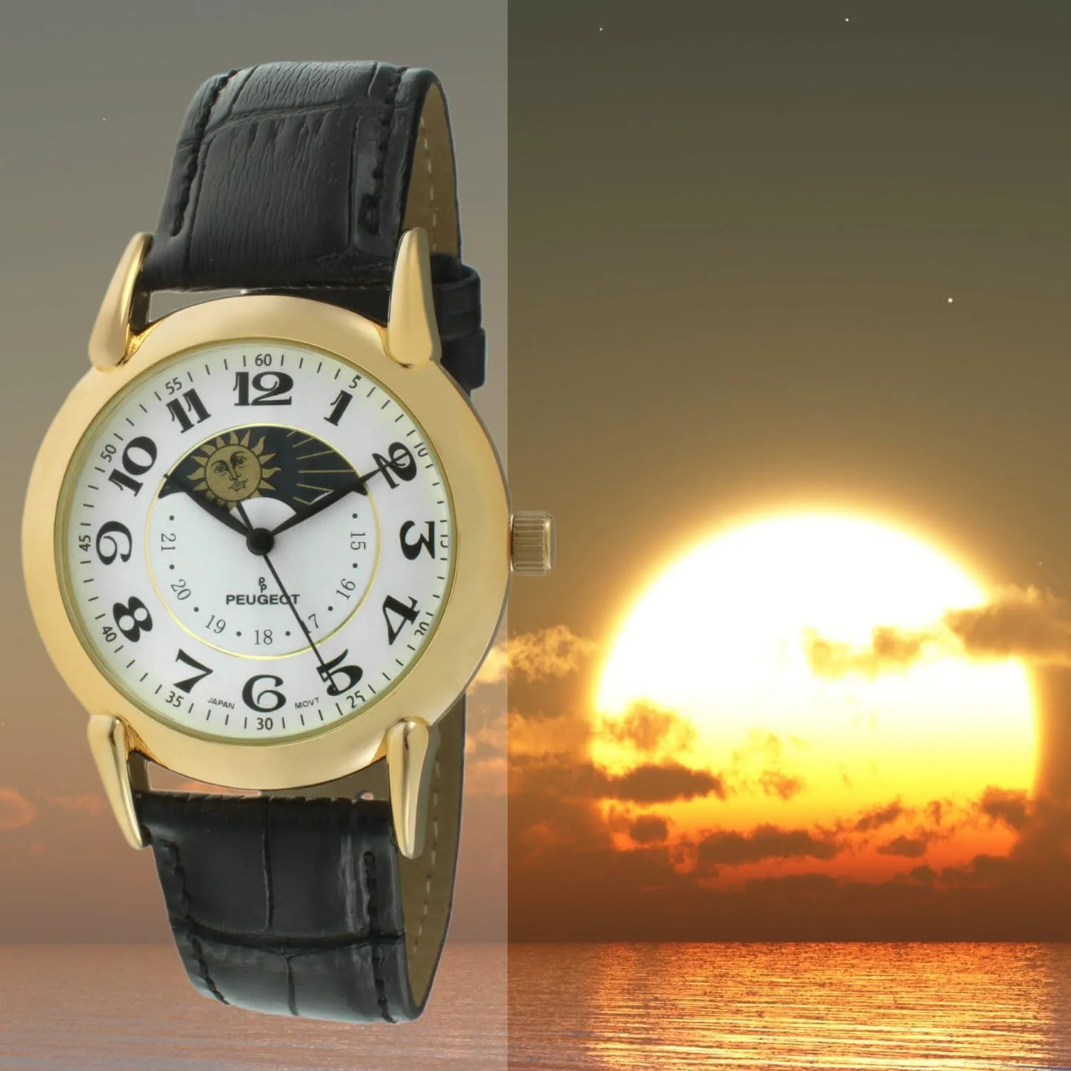 Plated Vintage Leather Dress Watch seawater furnace Peugeot Men's 14k Gold 
