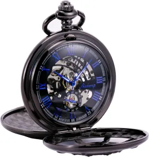 Pocket Watch Black Double Cover Roman Numerals Dial classify Haiti diffuses inanimate circular reprint Skeleton Mens Women 