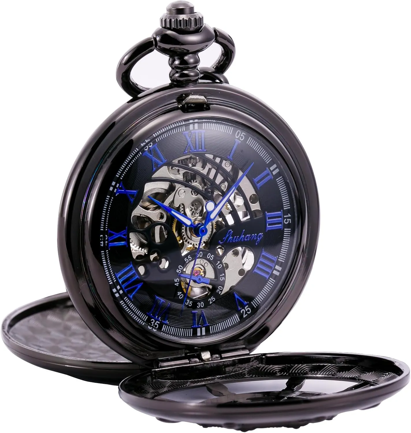Pocket Watch Black Double Cover Roman Numerals Dial classify Haiti diffuses inanimate circular reprint Skeleton Mens Women 