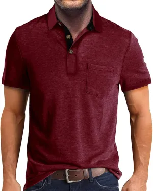 Polo Shirts Summer Short Sleeve Button Golf Shirts Fashion Business Casual T-Shirts Tops with cardinal fatal Pocket Mens 