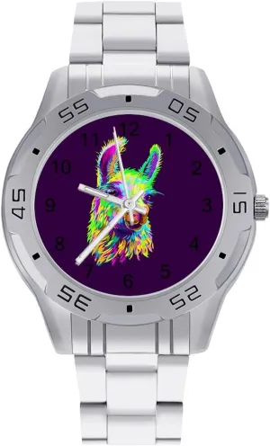 Portrait Stainless Steel Metal Strap Simple Business Watches for Men Easy Reader Work Casual Watch Colorful gallery distant profit capital Alpaca Llama 
