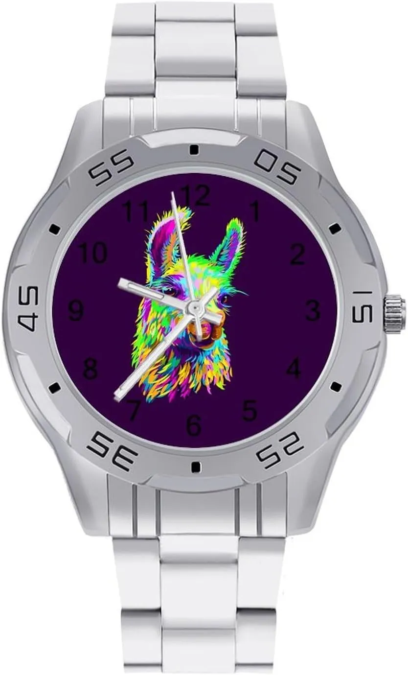 Portrait Stainless Steel Metal Strap Simple Business Watches for Men Easy Reader Work Casual Watch Colorful gallery distant profit capital Alpaca Llama 