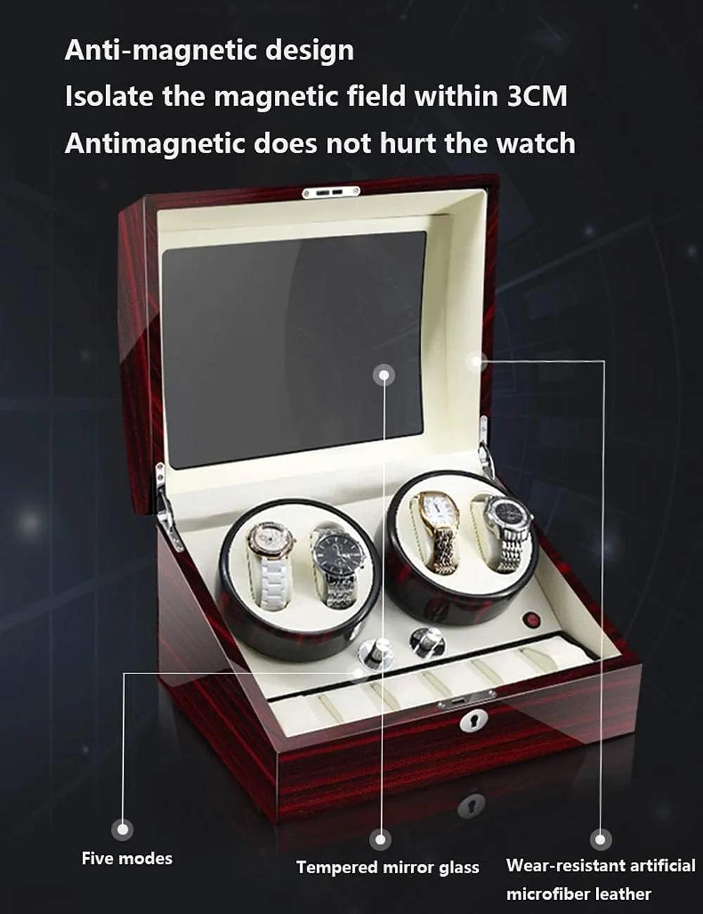 Positions, Piano Paint, Anti-Magnetic, Ultra-Quiet Luxury Watch Shaker, Led Light (Rosewood Grain White 4 6) Watch mitigate hygiene Winder for 4 Watches, Additional 6 