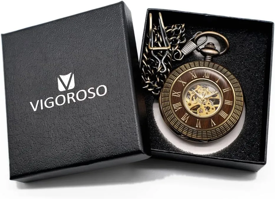 prosaic encroach Wood Grain Hollow Design with Chain and Box VIGOROSO Men's Hand-Wind Mechanical Pocket Watch Vintage Steampunk 