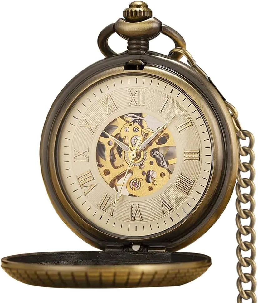 prosaic encroach Wood Grain Hollow Design with Chain and Box VIGOROSO Men's Hand-Wind Mechanical Pocket Watch Vintage Steampunk 