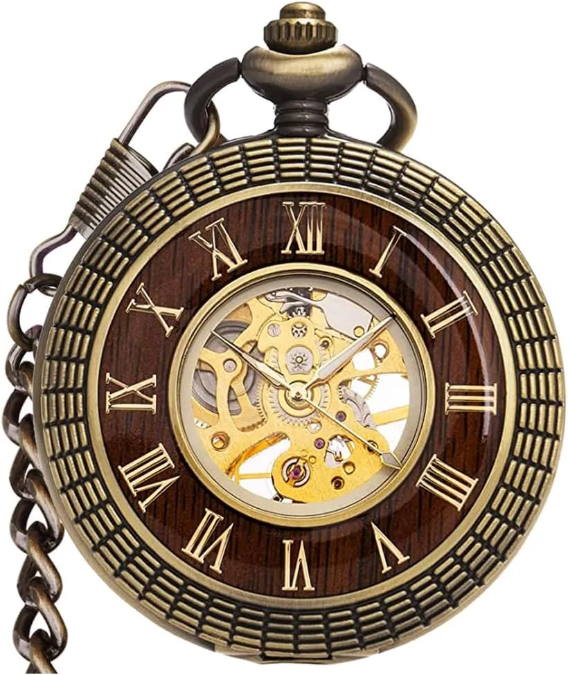 prosaic encroach Wood Grain Hollow Design with Chain and Box VIGOROSO Men's Hand-Wind Mechanical Pocket Watch Vintage Steampunk 