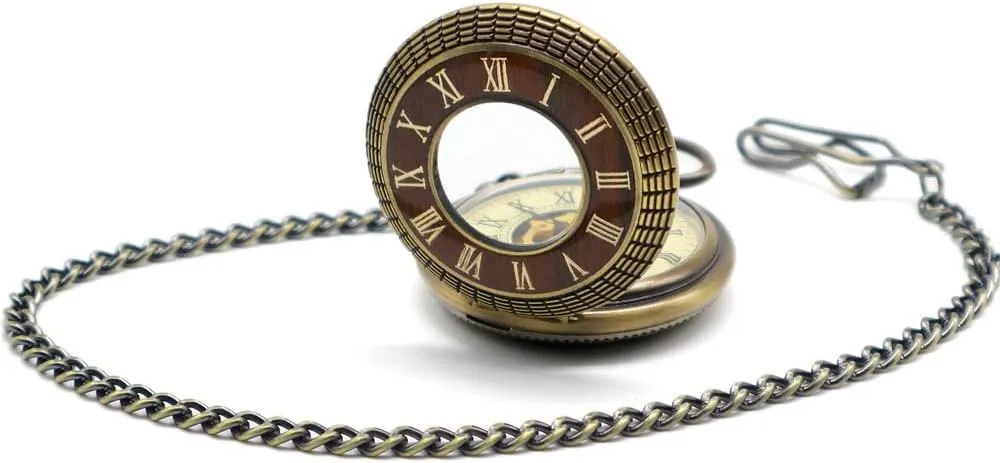 prosaic encroach Wood Grain Hollow Design with Chain and Box VIGOROSO Men's Hand-Wind Mechanical Pocket Watch Vintage Steampunk 