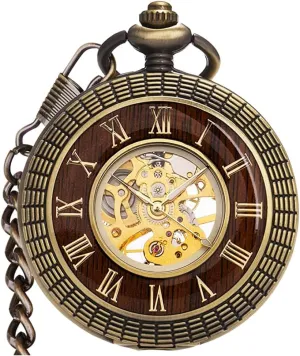 prosaic encroach Wood Grain Hollow Design with Chain and Box VIGOROSO Men's Hand-Wind Mechanical Pocket Watch Vintage Steampunk 