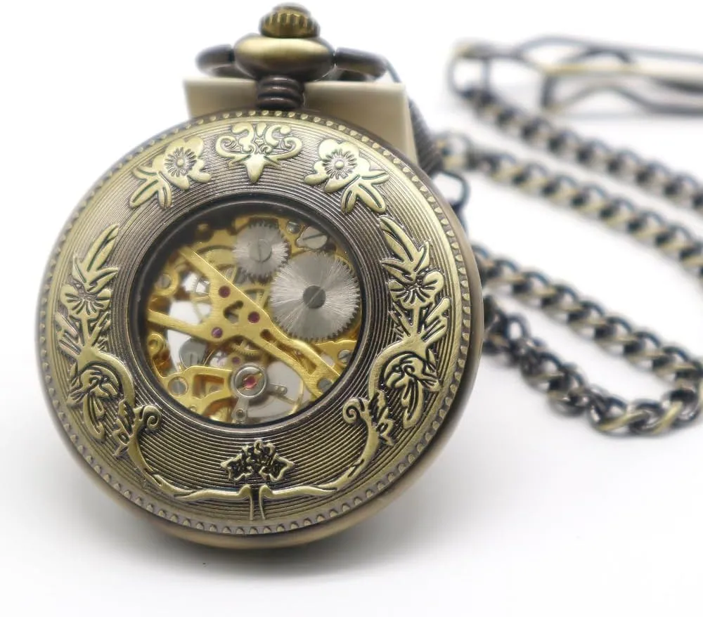 prosaic encroach Wood Grain Hollow Design with Chain and Box VIGOROSO Men's Hand-Wind Mechanical Pocket Watch Vintage Steampunk 