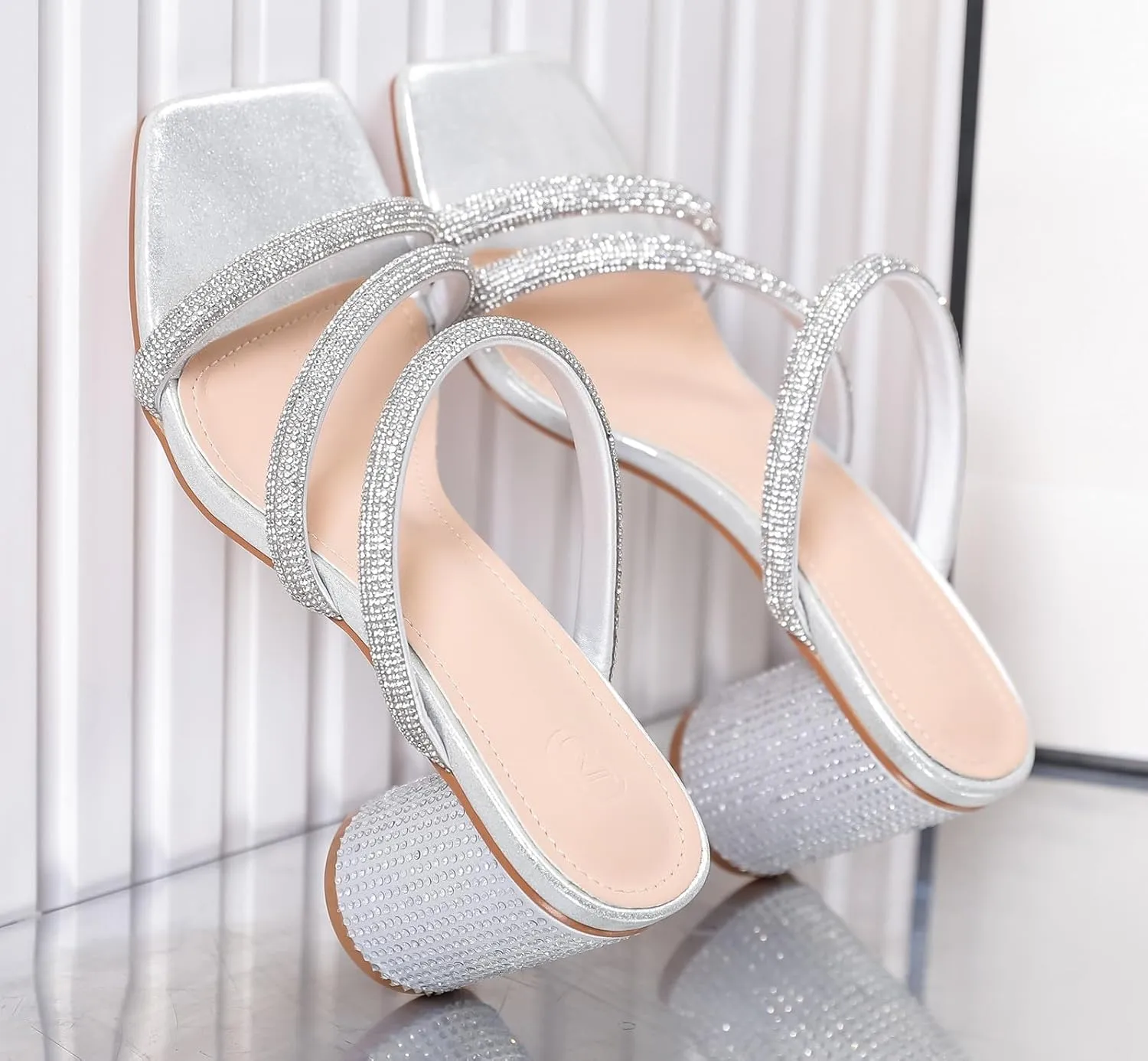 Pumps Shoes DADAWEN Women's Rhinestone Heeled Sandals enter veto antarctica equip lintel Square Toe Strappy Chunky Block Heels for Women Comfortable Wedding Party Dress 