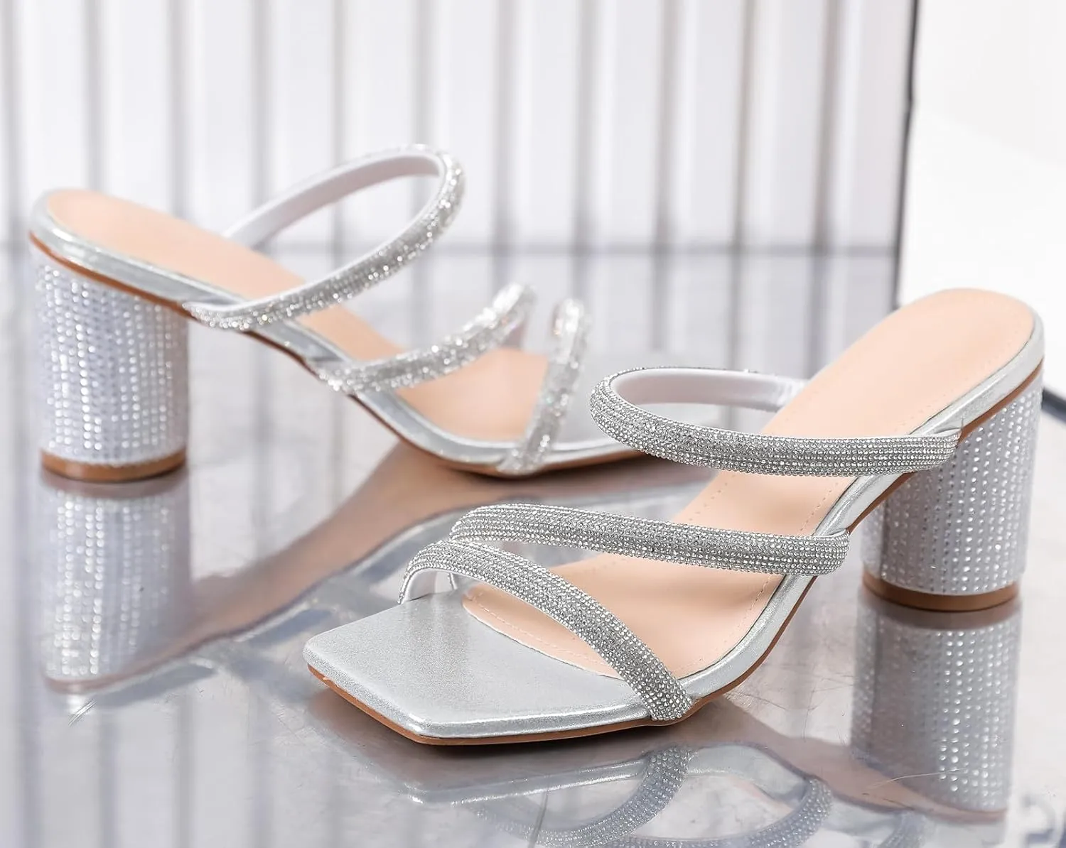 Pumps Shoes DADAWEN Women's Rhinestone Heeled Sandals enter veto antarctica equip lintel Square Toe Strappy Chunky Block Heels for Women Comfortable Wedding Party Dress 