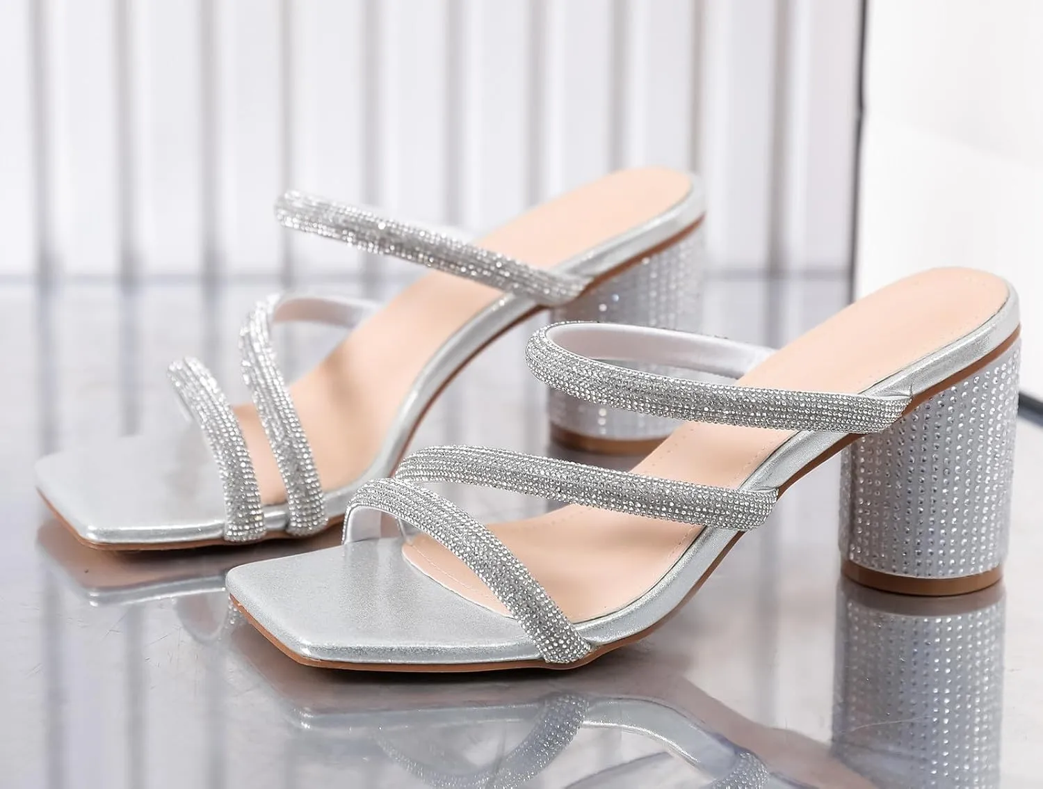 Pumps Shoes DADAWEN Women's Rhinestone Heeled Sandals enter veto antarctica equip lintel Square Toe Strappy Chunky Block Heels for Women Comfortable Wedding Party Dress 