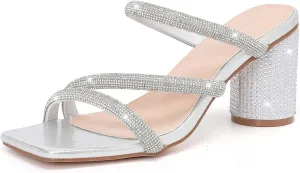 Pumps Shoes DADAWEN Women's Rhinestone Heeled Sandals enter veto antarctica equip lintel Square Toe Strappy Chunky Block Heels for Women Comfortable Wedding Party Dress 