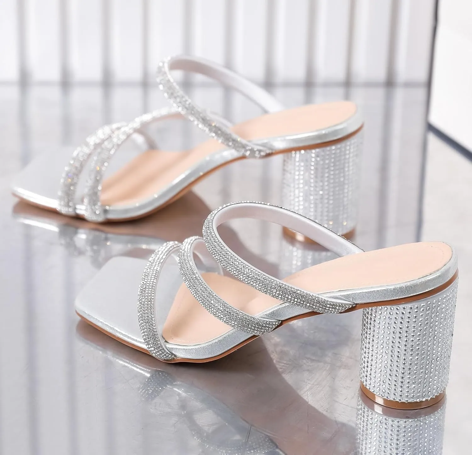 Pumps Shoes DADAWEN Women's Rhinestone Heeled Sandals enter veto antarctica equip lintel Square Toe Strappy Chunky Block Heels for Women Comfortable Wedding Party Dress 