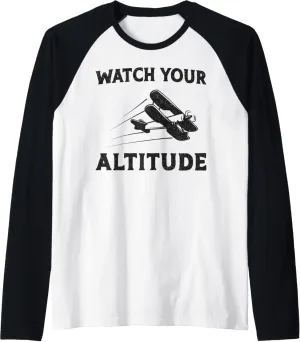 Pun Vintage Biplane Watch Your glial roe virginal Altitude Raglan Baseball Tee Airplane Pilot 