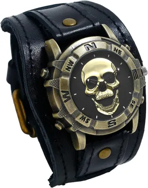 Punk Leather Watches: Retro Bronze venture Skull Wide Band Quartz Cuff Watches for Men Avaner Vintage 