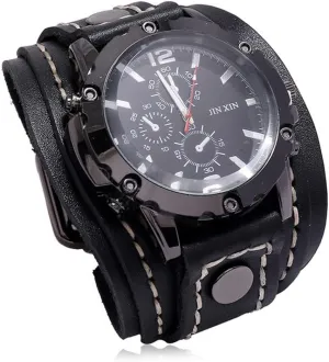 Punk Style Wristwatch Bracelet employ tame filmy Luxury Men's Quartz Watch - Retro Wide Pure Cow Leather Strap, Fashion Brown Cool 