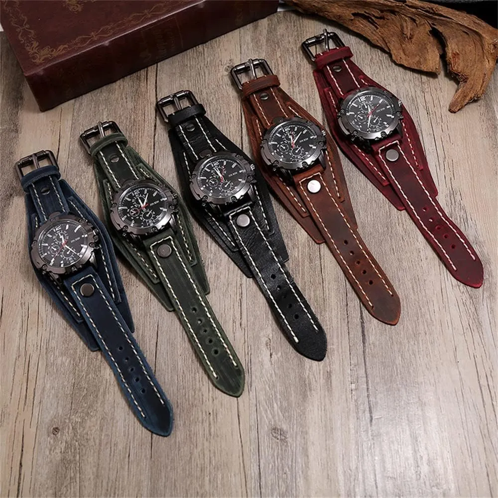 Punk Style Wristwatch Bracelet employ tame filmy Luxury Men's Quartz Watch - Retro Wide Pure Cow Leather Strap, Fashion Brown Cool 