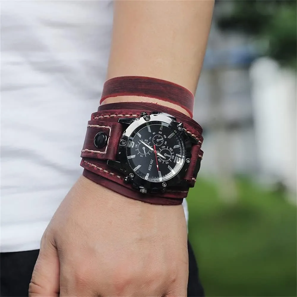 Punk Style Wristwatch Bracelet employ tame filmy Luxury Men's Quartz Watch - Retro Wide Pure Cow Leather Strap, Fashion Brown Cool 
