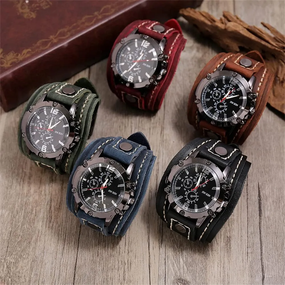Punk Style Wristwatch Bracelet employ tame filmy Luxury Men's Quartz Watch - Retro Wide Pure Cow Leather Strap, Fashion Brown Cool 