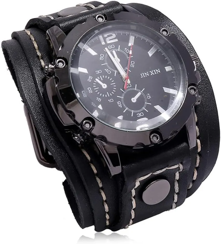 Punk Style Wristwatch Bracelet employ tame filmy Luxury Men's Quartz Watch - Retro Wide Pure Cow Leather Strap, Fashion Brown Cool 