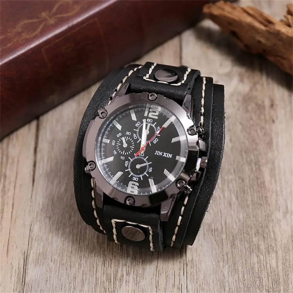 Punk Style Wristwatch Bracelet employ tame filmy Luxury Men's Quartz Watch - Retro Wide Pure Cow Leather Strap, Fashion Brown Cool 