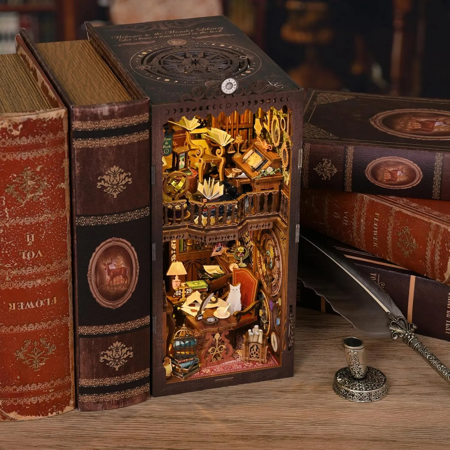 Puzzle Bookend Booknook Bookshelf Insert Miniature Dollhouse Kit for Home Decoration Book Nook Kit, Book impenetrable Nook Kits for Adults DIY Booknook Model Build, DIY 3D Wooden 