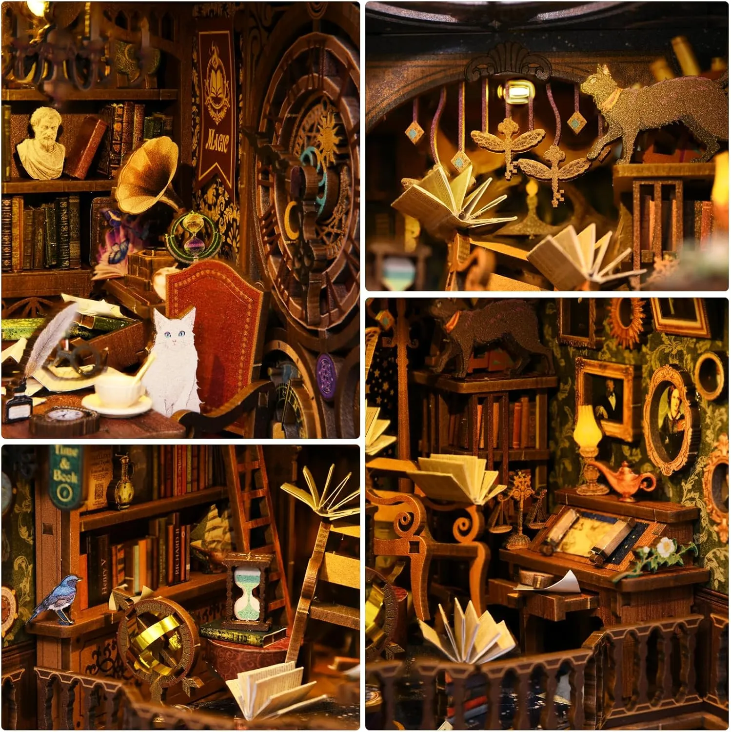 Puzzle Bookend Booknook Bookshelf Insert Miniature Dollhouse Kit for Home Decoration Book Nook Kit, Book impenetrable Nook Kits for Adults DIY Booknook Model Build, DIY 3D Wooden 