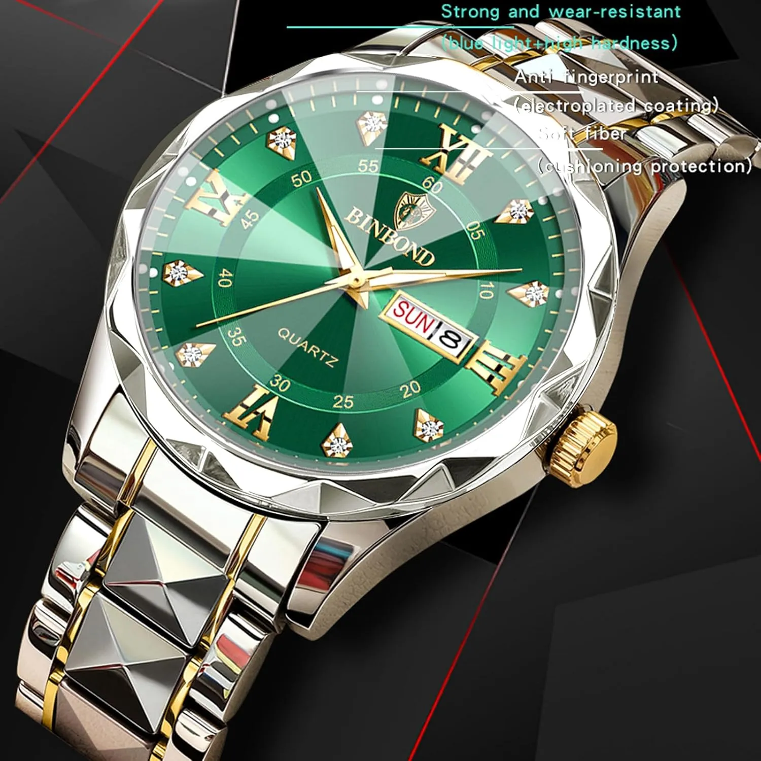 quantify Shoshone businesswoman overturn reunion Quartz Waterproof Luminous Date Two Tone Luxury Casual Mens Wrist Watches Watch for Men Stainless Steel Diamond Business Dress Analog 