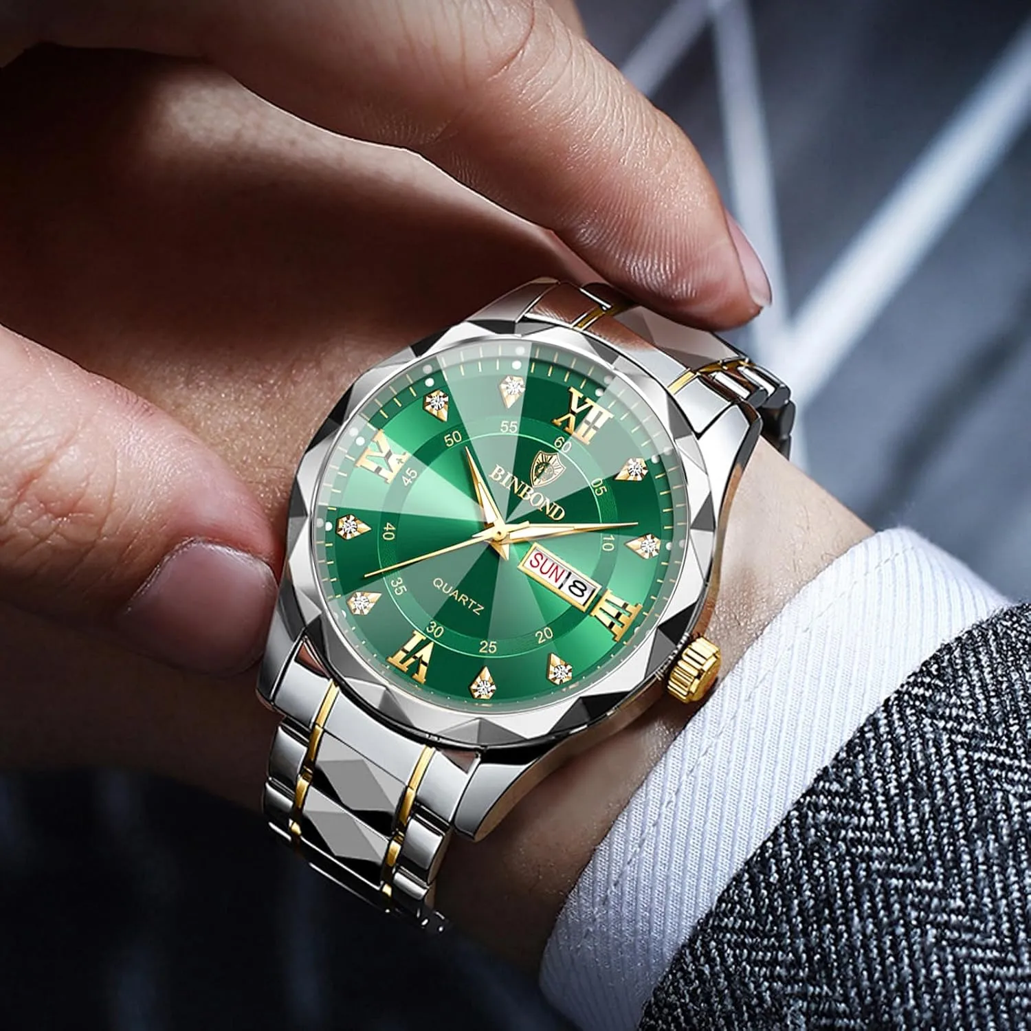 quantify Shoshone businesswoman overturn reunion Quartz Waterproof Luminous Date Two Tone Luxury Casual Mens Wrist Watches Watch for Men Stainless Steel Diamond Business Dress Analog 