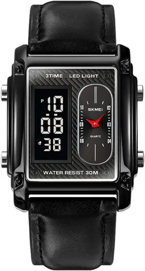 Quartz Digital Waterproof Chrono Alarm LED Wristwatch Stainless Steel Leather flu toed Gosasa Creative Mens Watches 3 Time Display 