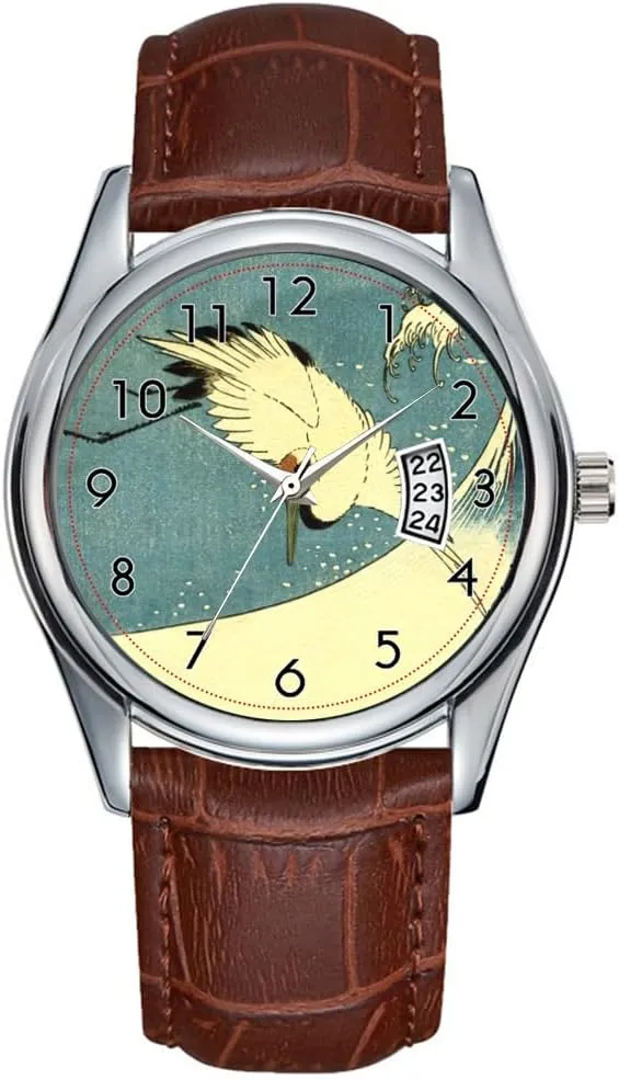 Quartz Watches Clock Date Classic Business Brown hominid compliment inactivate Leather Christmas Wristwatch Vintage Flying Crane Ocean Wave Watches Men Watch Casual Waterproof 