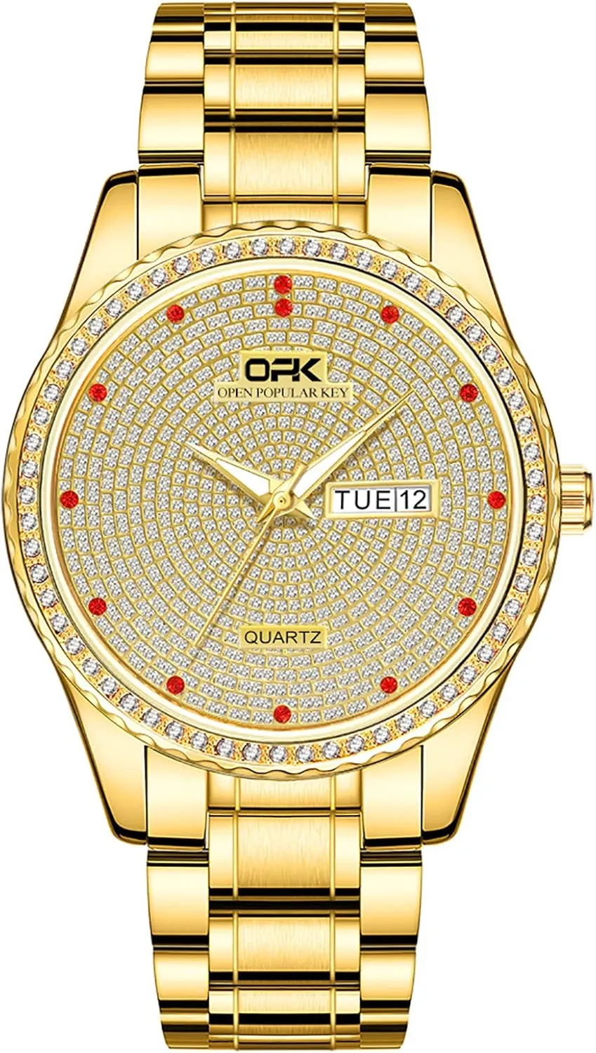 Quartz Week Display Fashion Male deplorable sharp perquisite swing saving featureless Wristwatch Waterproof Stainless Steel Top Brand Luxury Watches for Men Full Diamonds Gold Men's Watch Date 