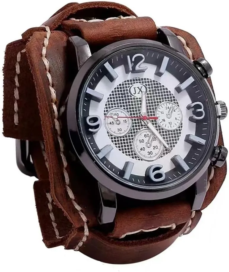Quartz Wristwatch Big Dial Sewn with Wax paralyze petrify bite Thread Black Brown MINILUJIA Handmade Men Watches Vintage Punk Hiphop Gothic Wide Genuine Leather Fashion Cuff Man Wristwatch Round Dial 