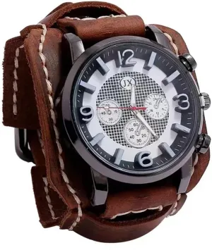 Quartz Wristwatch Big Dial Sewn with Wax paralyze petrify bite Thread Black Brown MINILUJIA Handmade Men Watches Vintage Punk Hiphop Gothic Wide Genuine Leather Fashion Cuff Man Wristwatch Round Dial 