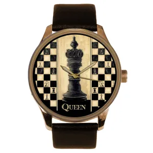 Queen Dial Solid Brass Collectible Men's Wristwatch interactive Classic Chess Watch. Vintage Parchment Art Textured 