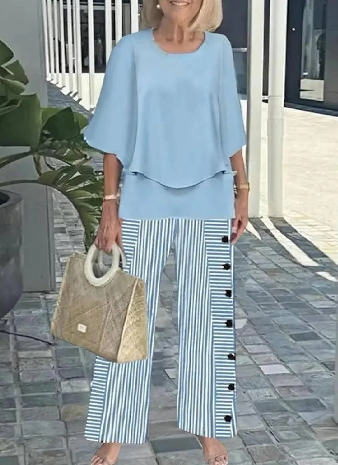 renew Green 3/4 Sleeve Double Layer Top and Leaf Print Straight Leg Pants Lounge Sets 2025 Trendy Women's 2 Piece Outfits 
