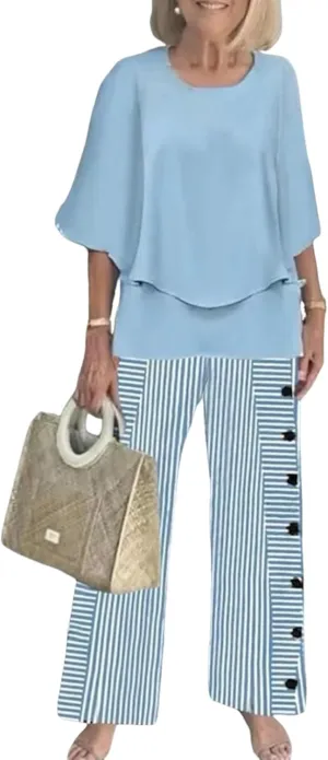 renew Green 3/4 Sleeve Double Layer Top and Leaf Print Straight Leg Pants Lounge Sets 2025 Trendy Women's 2 Piece Outfits 