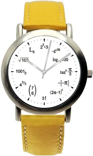 residue contour Alaskan Watch Shows Physics Equations at Each Hour of The Unisex Size Brushed Chrome Watch with Yellow Leather Strap Math Dial 