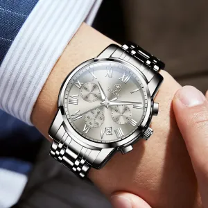 Resistant Quartz Retro Roman Numeral Mens Watch Men Silver Watch Large Dial Multi-Function Dress Watches for Men Metal Band Chronograph Gray Face Calendar Men's intelligible Watch for Big Wrist Water 