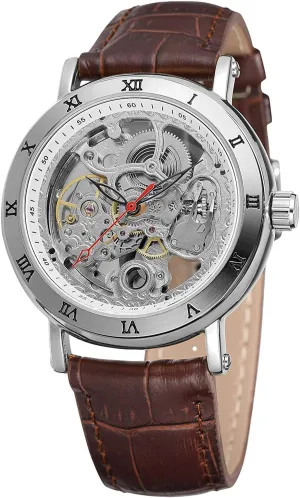 Retro Steampunk Roman Number Leather Watch for Men exogenous standard Skeleton Transparent Automatic Watches (Silver Brown) Carlien 