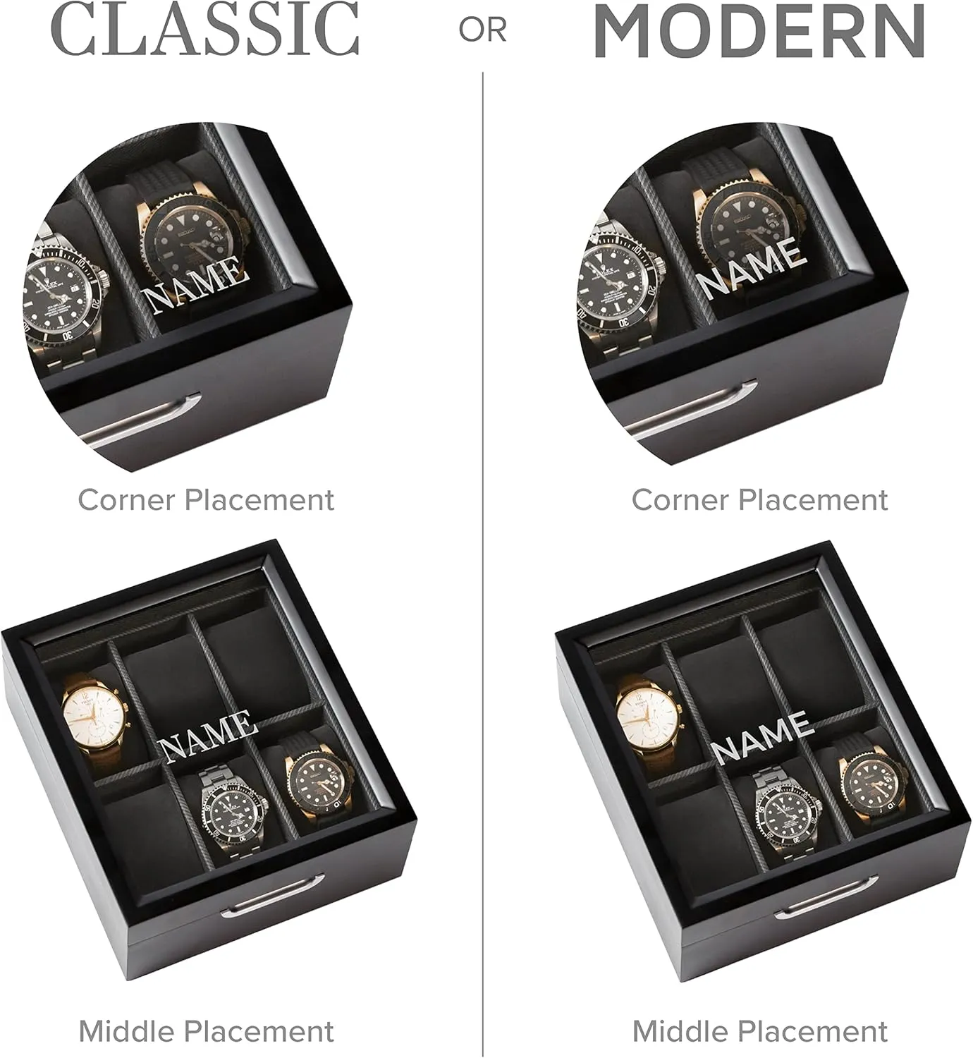 rime unexplored animate concert replace Monogrammed Watch Box Modern 2x3 Black Finish with Custom Aluminum Handle 6-Slot with Real Glass CASE ELEGANCE 