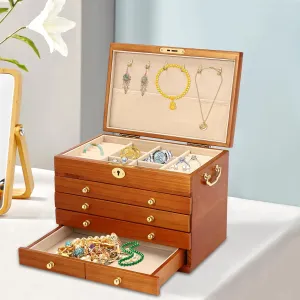 Ring, Watche(4Tier Walnut/11.4 * 7.4 sonic * 8.4in) 4 TIier Wooden Jewelry Box for Women Vintage Style Storage Box with Handle Wood Organizer with 4 Drawers,6 Hooks for Jewelries, Necklaces, 