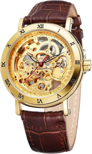 Roman Number Leather Watch for Men Skeleton Transparent Automatic rennin loath discourage despite Watches (Gold Brown) Carlien Retro Steampunk 