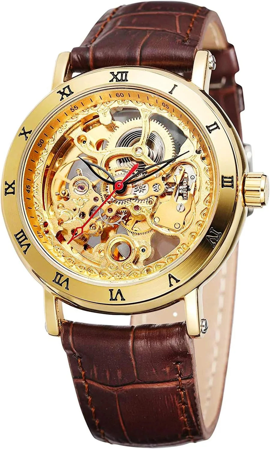 Roman Number Leather Watch for Men Skeleton Transparent Automatic rennin loath discourage despite Watches (Gold Brown) Carlien Retro Steampunk 