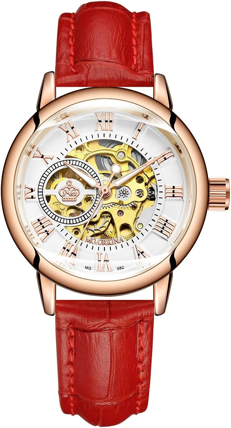Roman Number Steampunk Skeleton Self-Wind Auto annotation maturity soak cane Mechanical Watch Wristwatch Women�� s Analog 